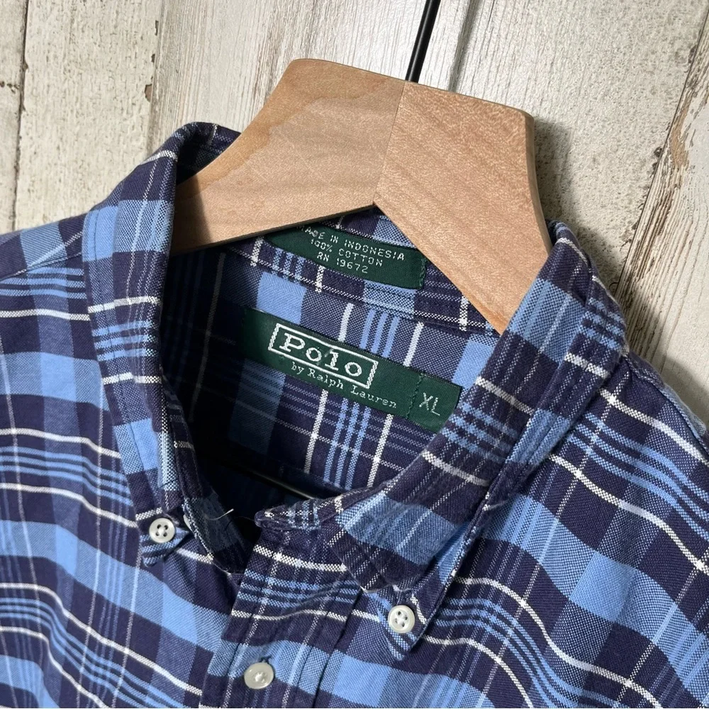 Vintage Polo Ralph Lauren Plaid Blue‎ Button Down Long Sleeve Shirt Mens Medium